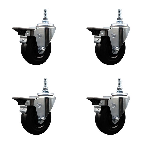4 Inch Hard Rubber 38 Inch Threaded Stem Caster Set with Brake
